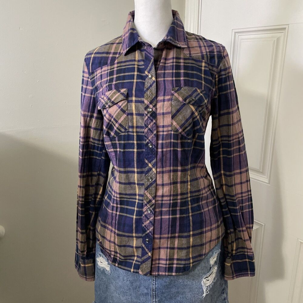 Tommy Hilfiger Women's Blue Purple Plaid Shirt Western Pearl Snap Size Small